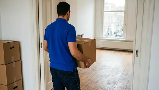 A mover carrying a box into an empty room