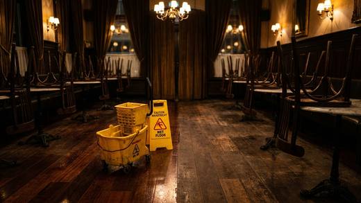 Grand café floor being mopped after closing, chairs up