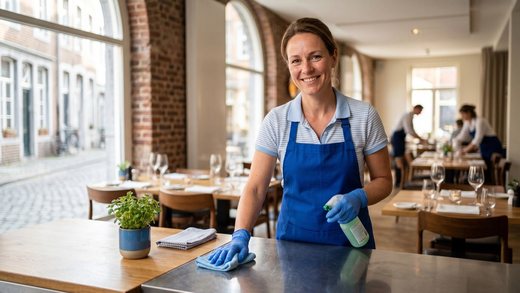 Grand-cafévloer wordt gedweild na sluiting, stoelen omhoog