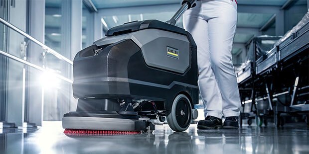 A walk-behind scrubber-drier of the type we use on commercial floors