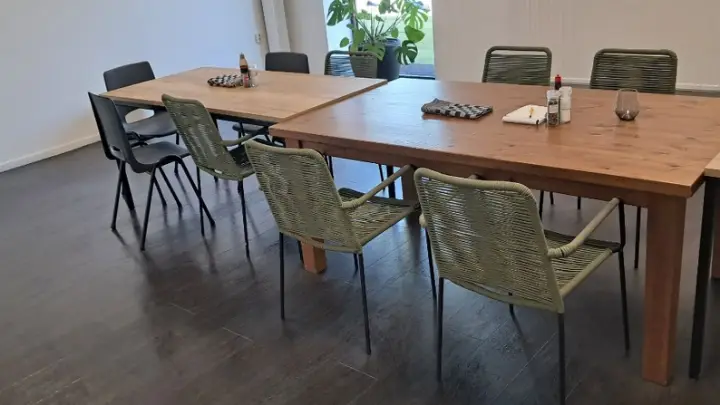 A long table set for a gathering