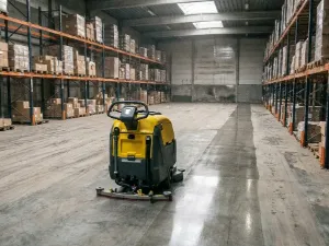 A warehouse floor with a ride-on scrubber