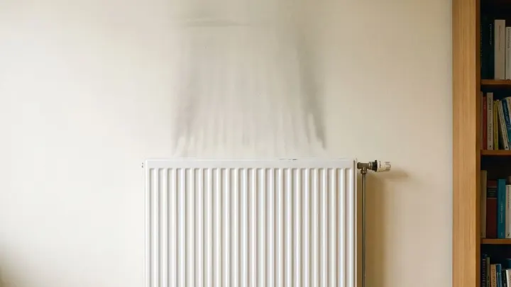 A grey dust mark on the wall above a radiator