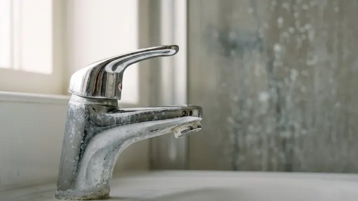 Limescale crusted around the base of a bathroom tap