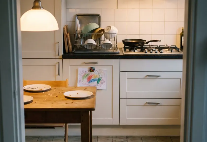 A family kitchen on a Sunday evening, crumbs still on the table