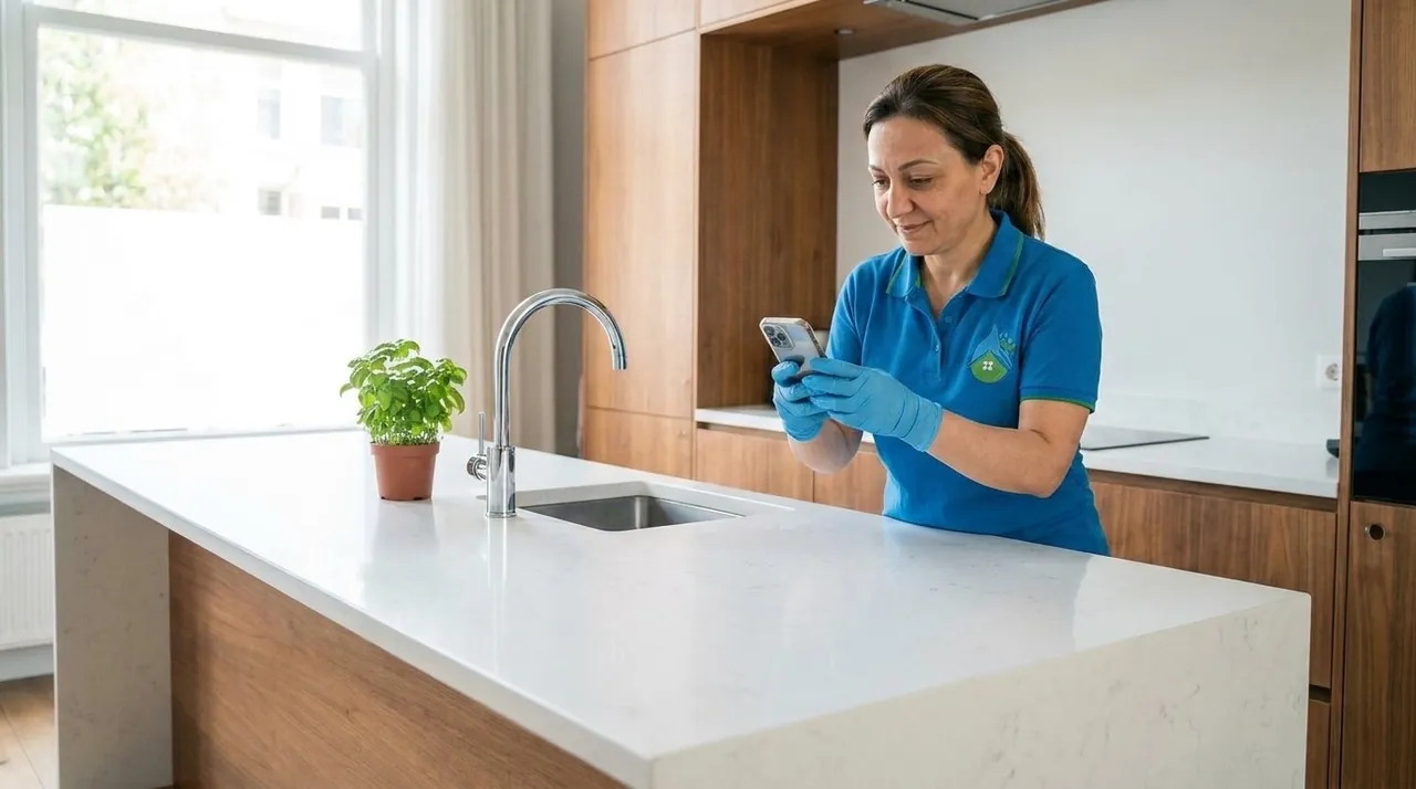 Cleaner photographing the finished worktop — it looks clean
