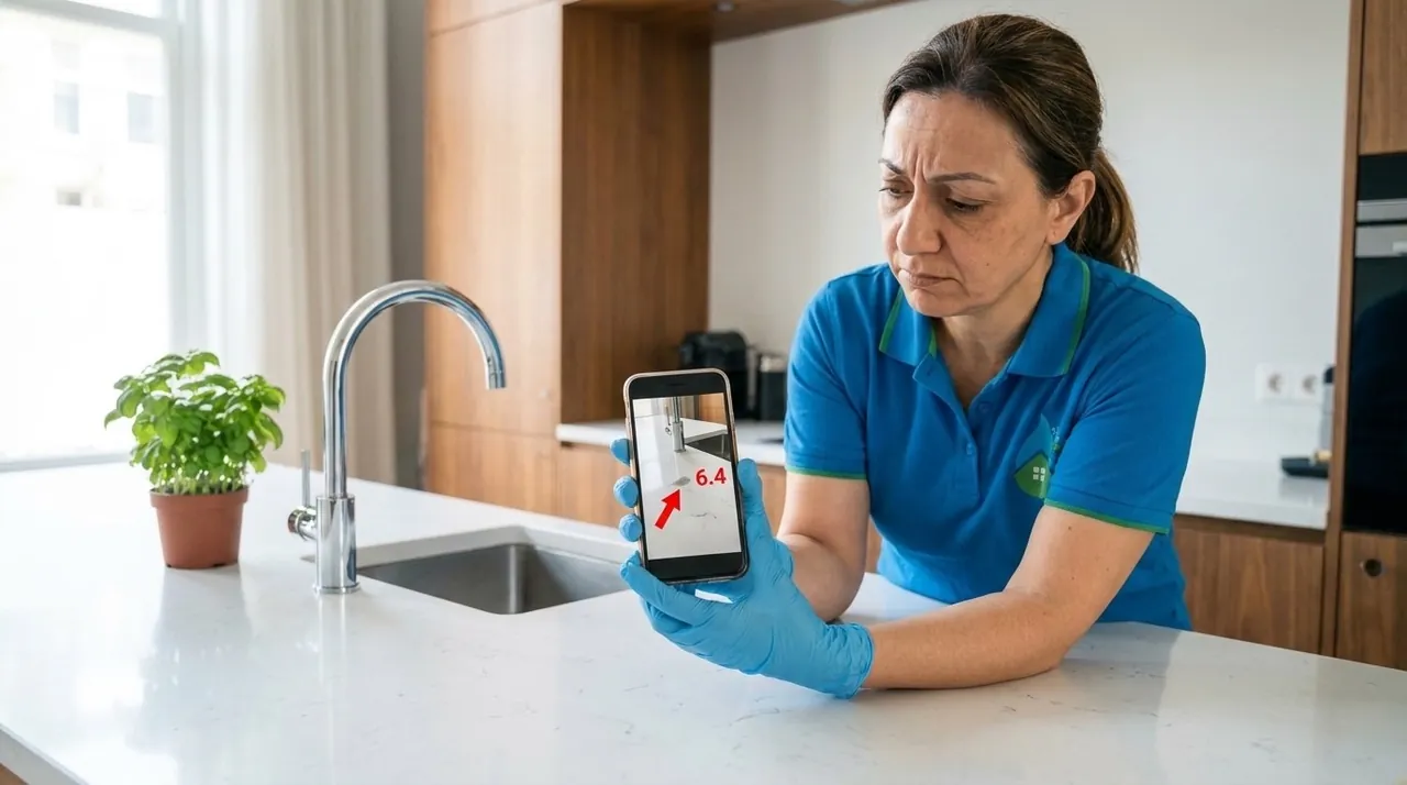 She's not happy — Spotless flags a missed spot with a red arrow and a 6.4 score on her phone