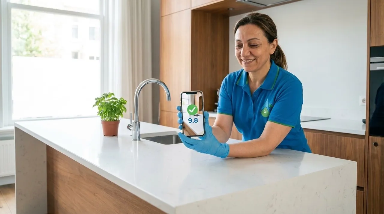She's happy — the re-check photo shows a green check and 9.8 on her phone