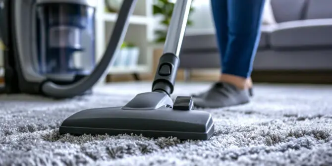 a person vacuuming a carpet